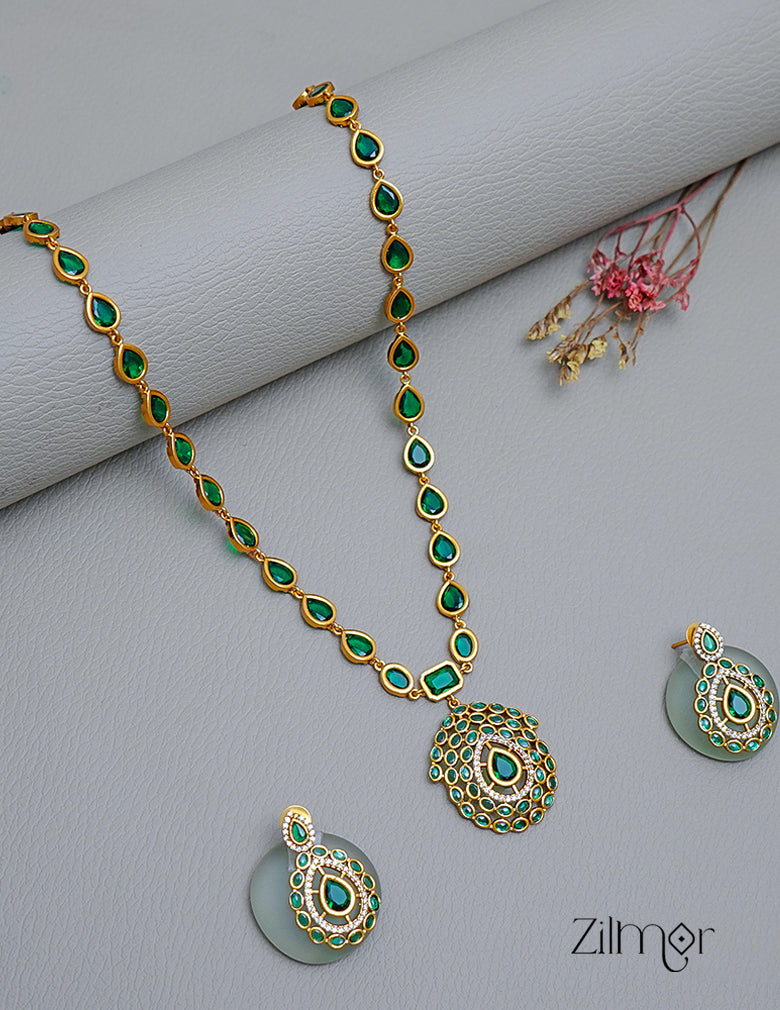 KA1011621- Green Kemp Stone Antique Choker Necklace Earrings Set 1-Zilmor