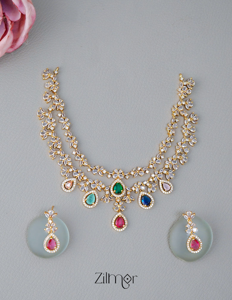SN101725 - AD Stone 2 Layer Necklace Set Earring
