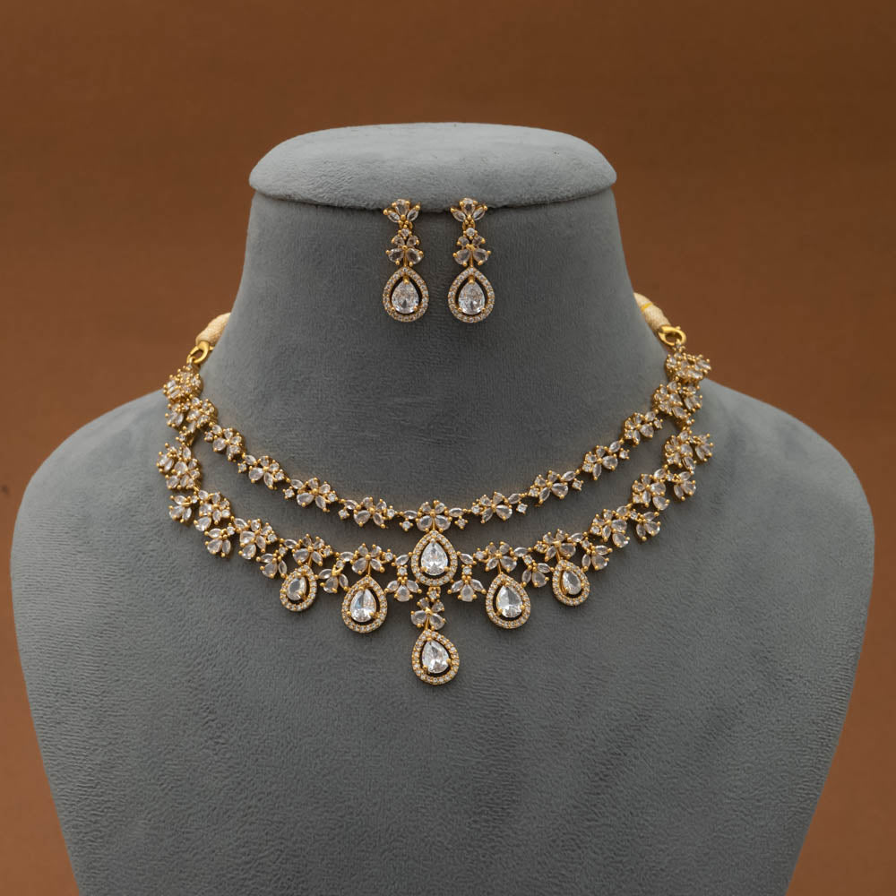 SN101725 - AD Stone 2 Layer Necklace Set Earring