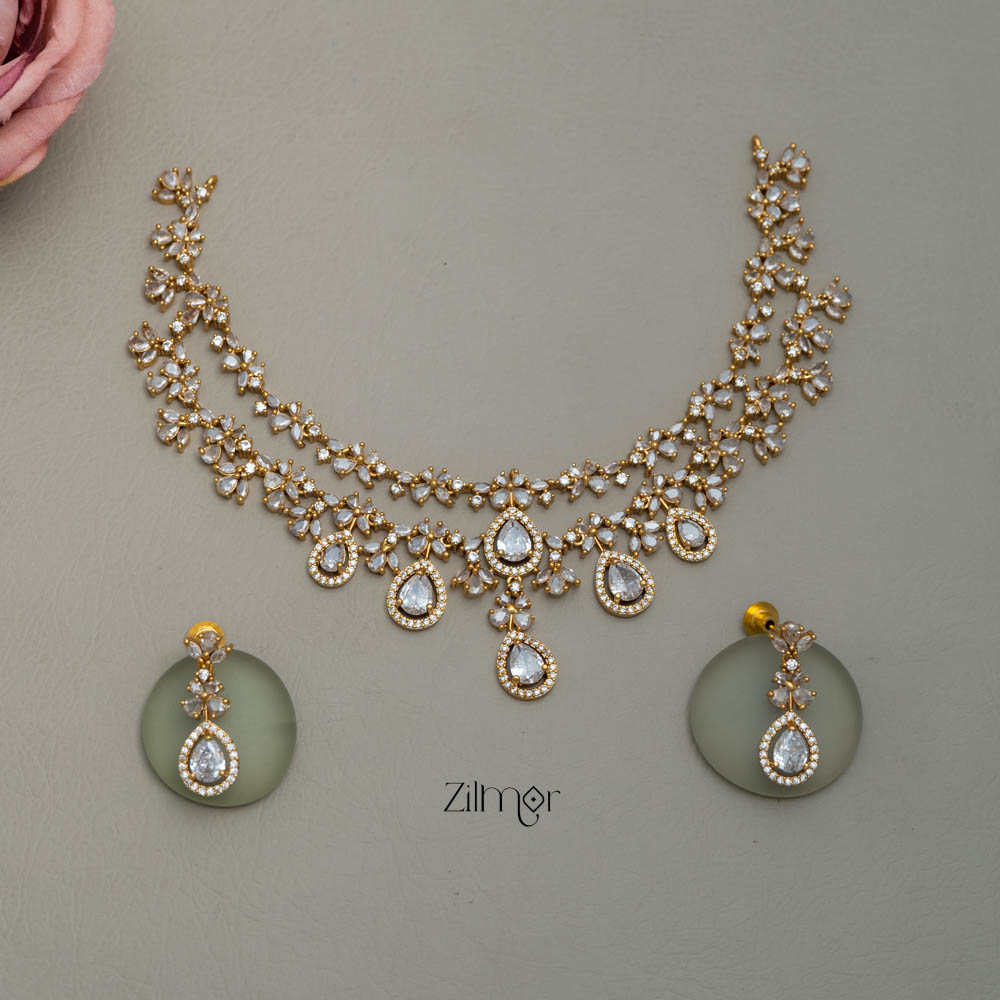 SN101725 - AD Stone 2 Layer Necklace Set Earring