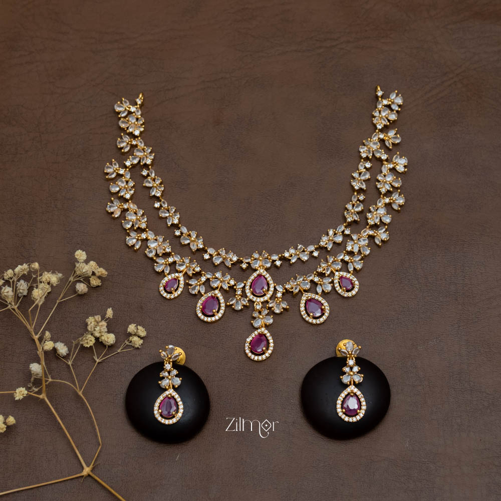 SN101725 - AD Stone 2 Layer Necklace Set Earring