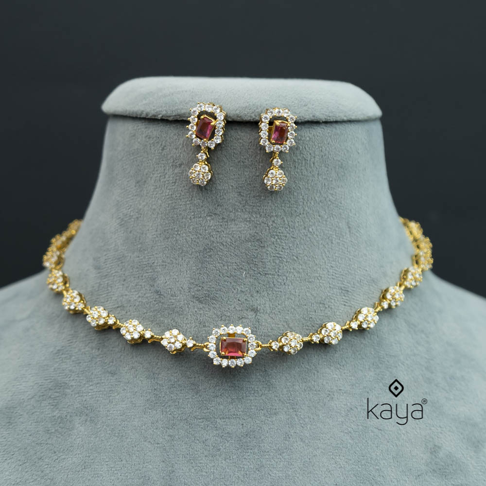 SN101289 - AD Stone Necklace with 5 Inter changeable Stones Earring Set