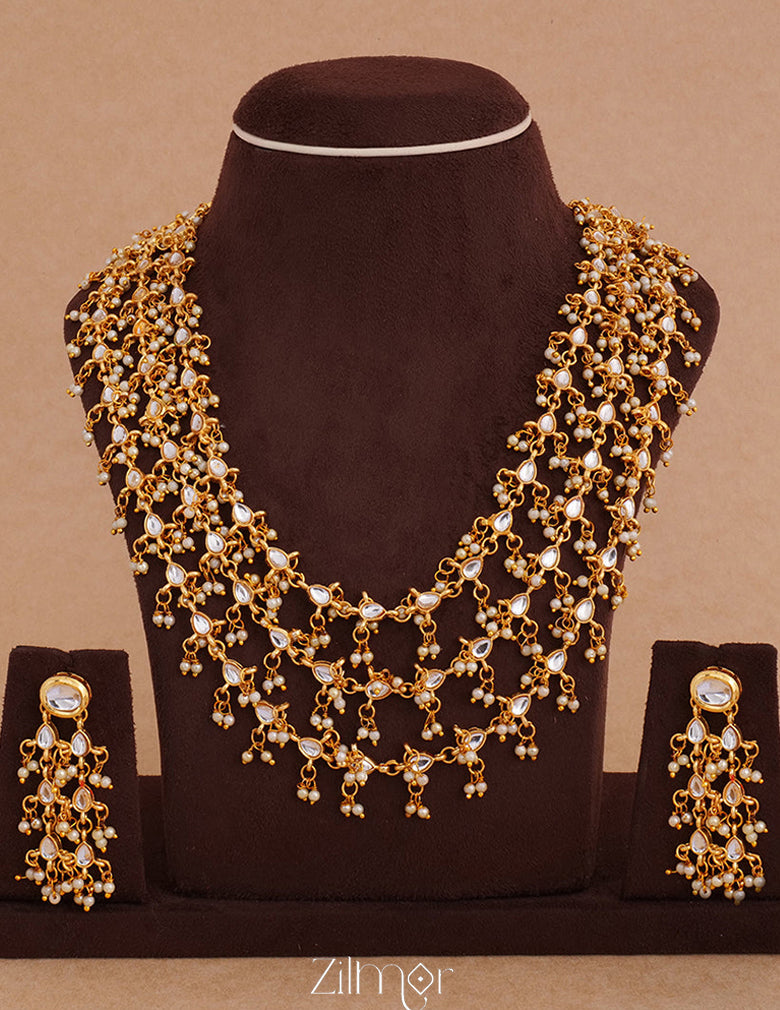 KH100884  - Kundan Beads Gold Plated Layered Traditional Necklace Set 2-Zilmor