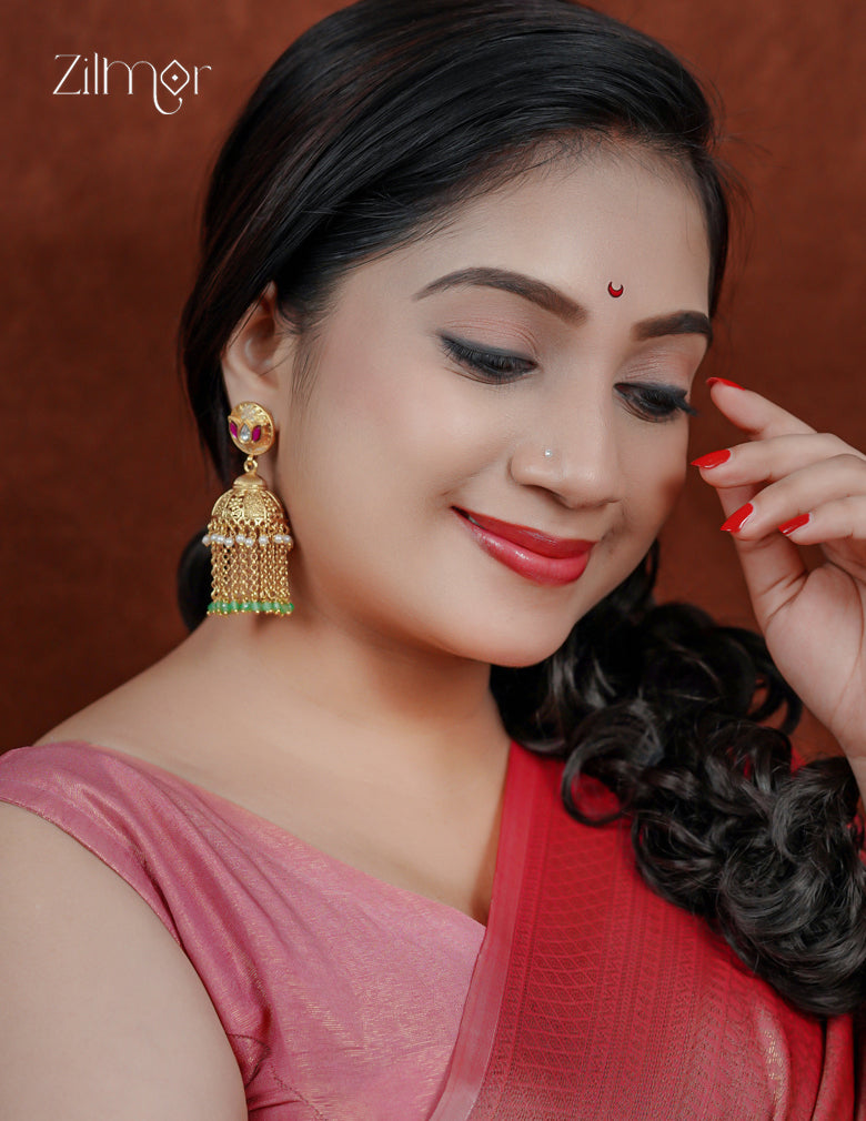 Kashmiri Jhumka Earrings – Antique Gold Chain Tassel & Bead Drop - FS1012353