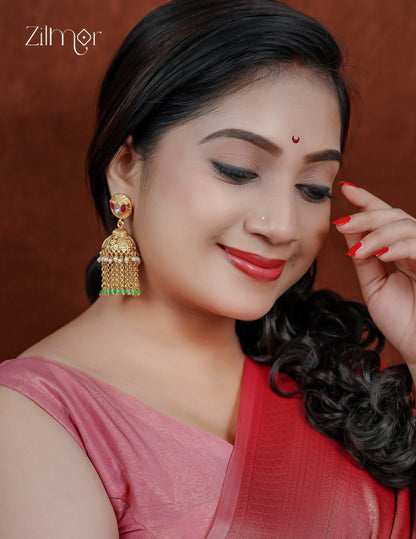 Kashmiri Jhumka Earrings – Antique Gold Chain Tassel & Bead Drop - FS1012353