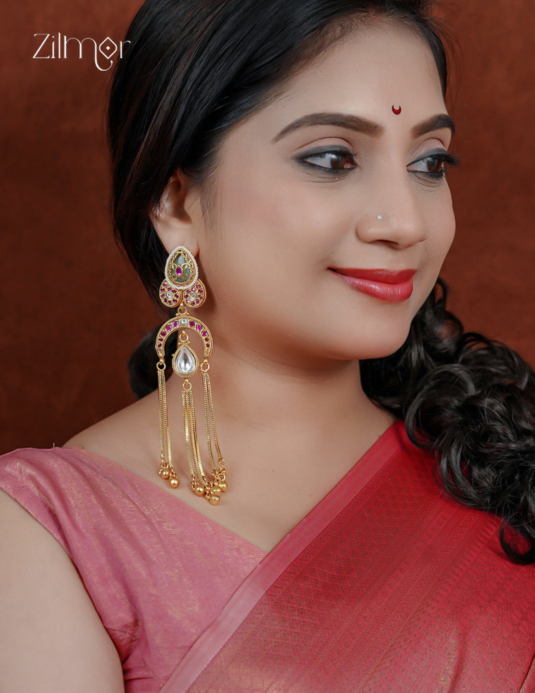 Kashmiri Chandelier Earrings – Kundan, Ruby & Gold Chain Tassel - FS1012348