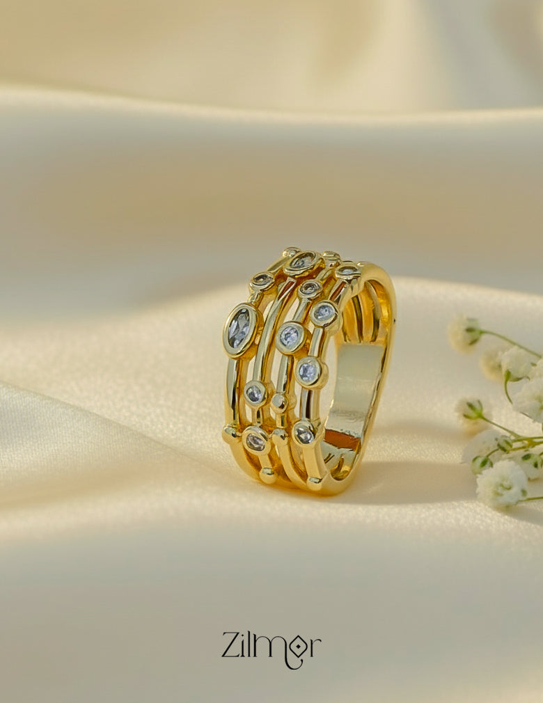 ZC1012058-Luxury Multi-Layered Stone Studded Adjustable Ring – 18K Gold Plated, Anti-Tarnish Stainless Steel