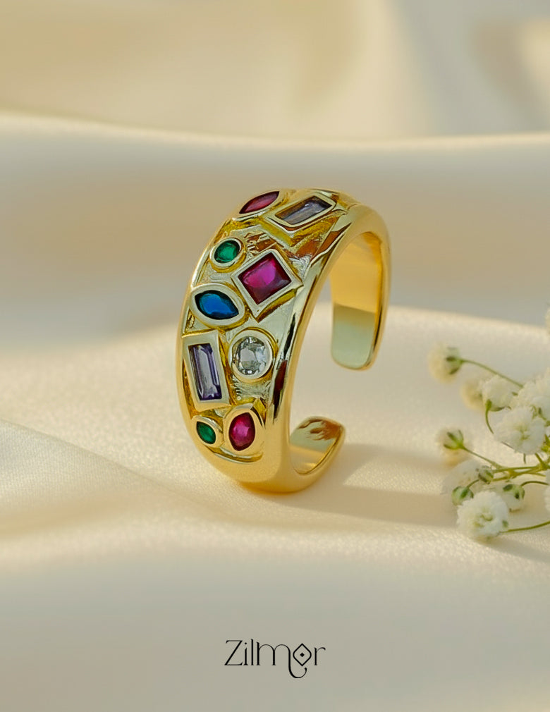 ZC1012047- Multi-Colour Cubic Zirconia Adjustable Ring – 18K Gold Plated, Anti-Tarnish Stainless Steel