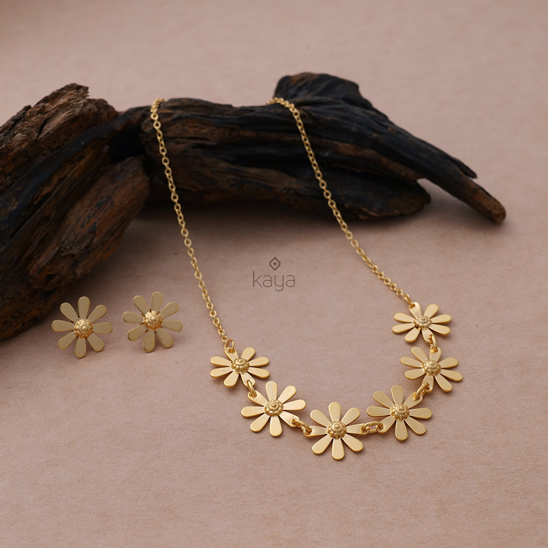 Gold sunflower Necklace With Earrings - AS100857