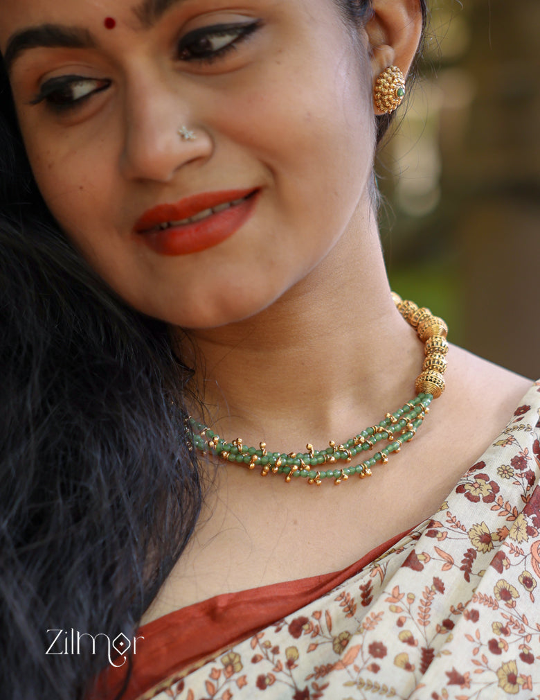 NV1011383 -  Triple Layer Green Color  Necklace Earrings Set 1-Zilmor