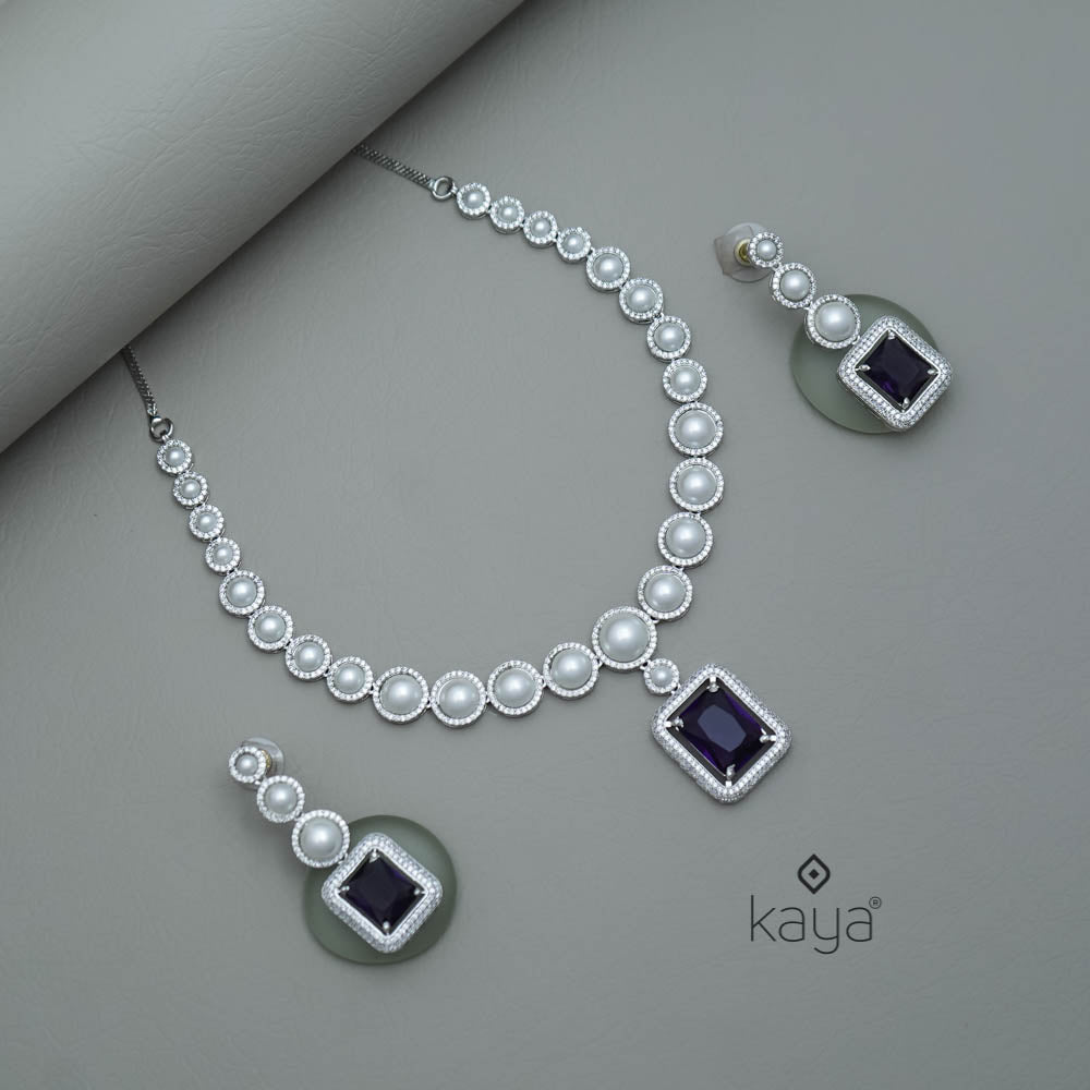 KM101360 - Pearl with AD Stone Pendant Necklace Earrings Set