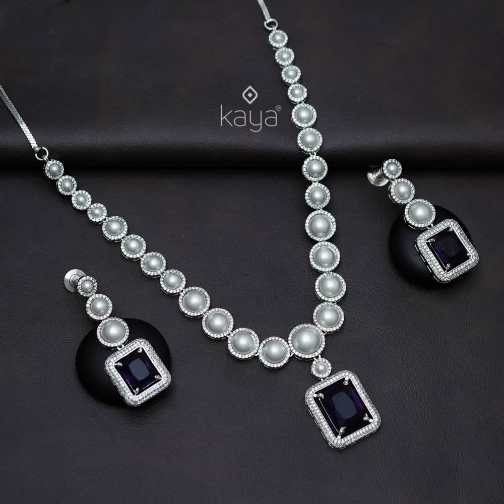 KM101360 - Pearl with AD Stone Pendant Necklace Earrings Set