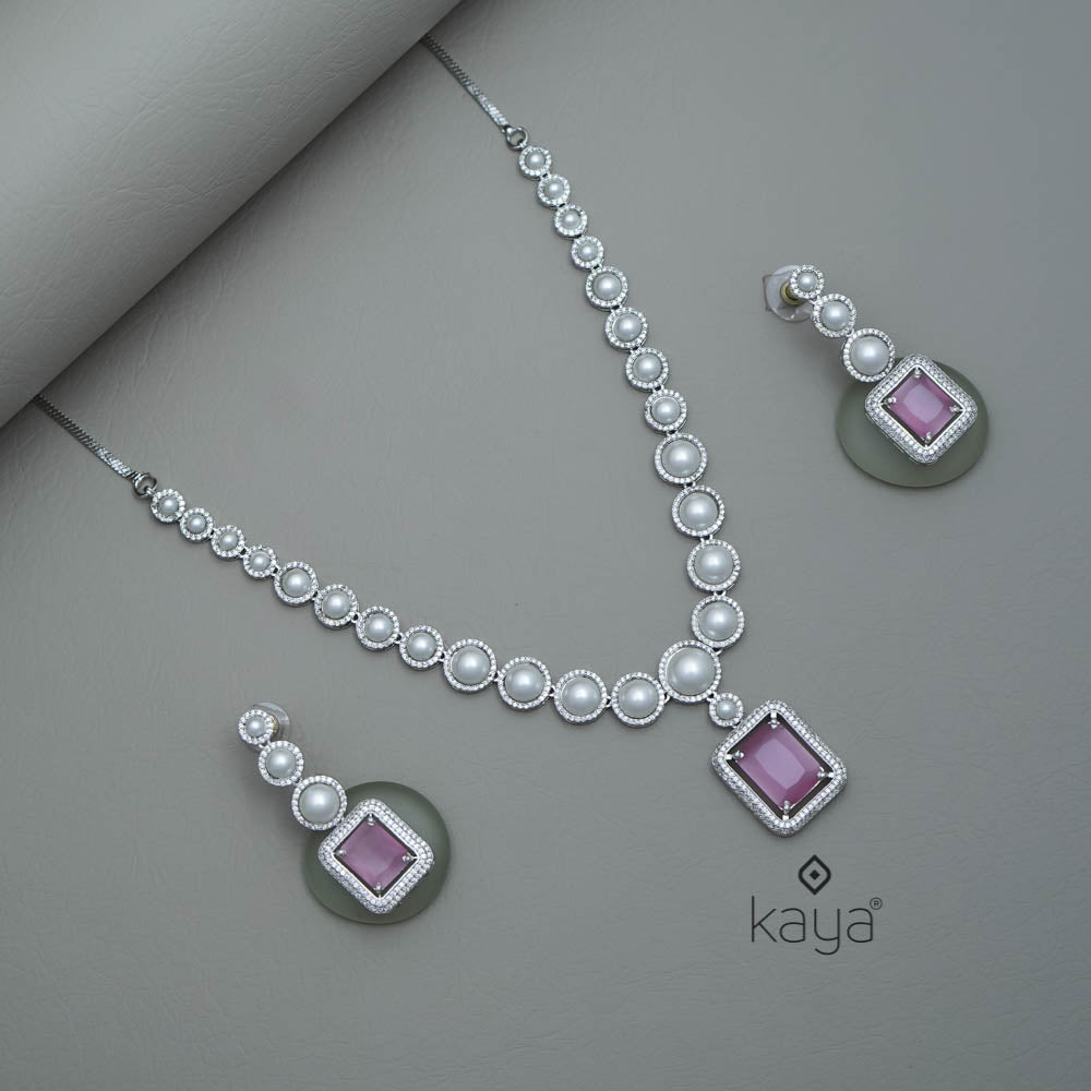 KM101360 - Pearl with AD Stone Pendant Necklace Earrings Set