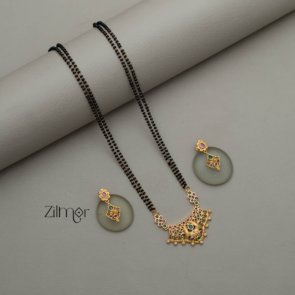 Gold Plated AD Stone Pendant Mangalsutra Necklace with Earring Set - SR100569