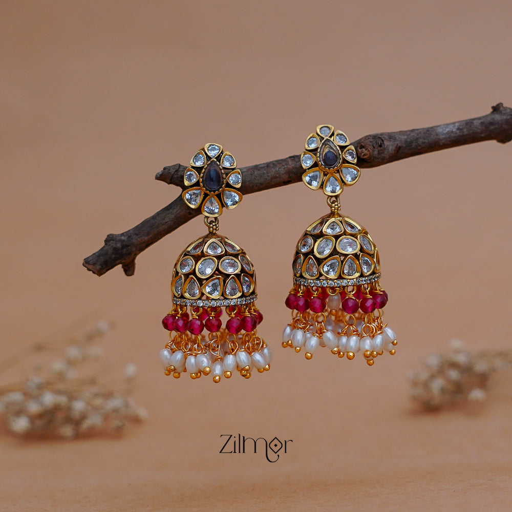 SN1011219 -Polki Stone Pearl Hanging Jumkha Earrings