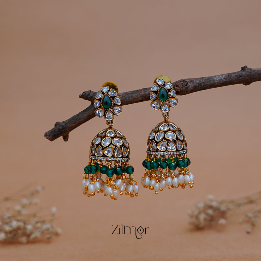 SN1011219 -Polki Stone Pearl Hanging Jumkha Earrings