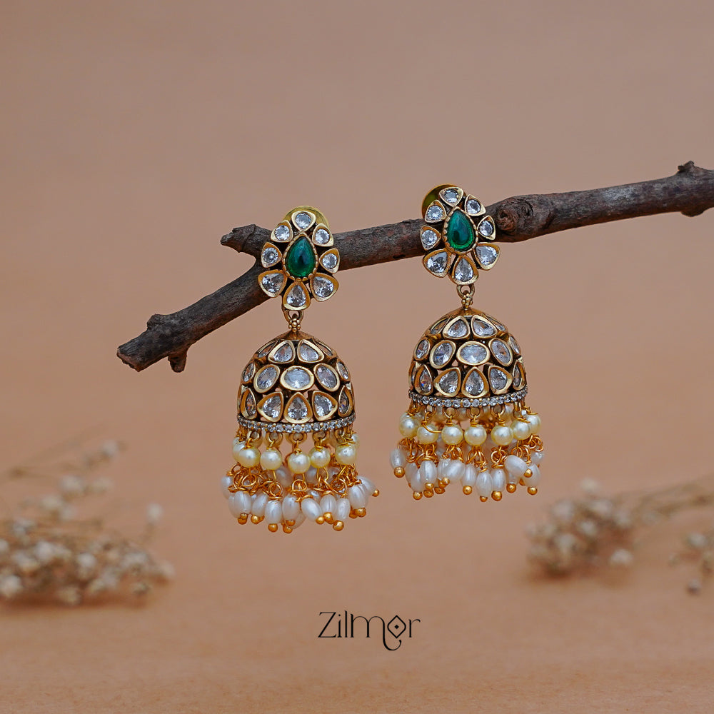 SN1011219 -Polki Stone Pearl Hanging Jumkha Earrings