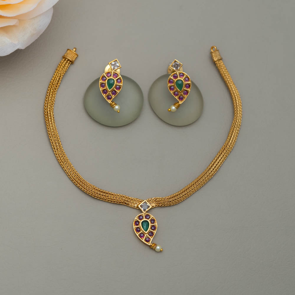 Antique jadau pink-green Necklace with Earring - SN1006