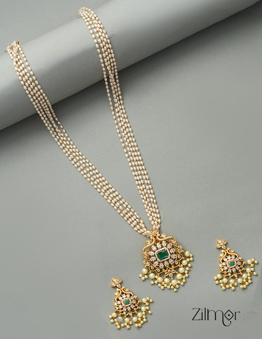 SN1011330 -  Antique Pearl Long Necklace Earrings Set