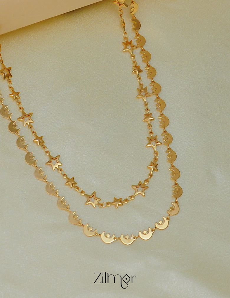 KT1011695- Gold Plated Double Layered Star Moon Necklace 3-Zilmor