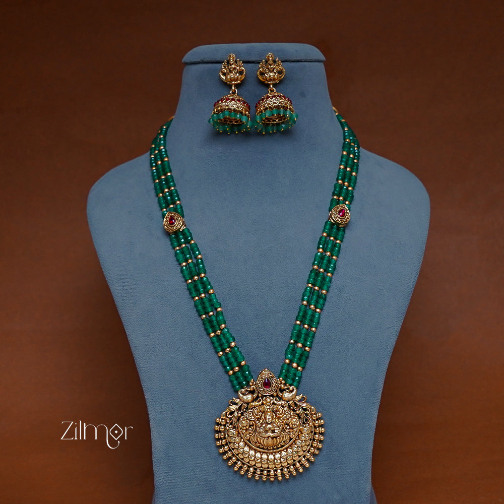 NV1011222- Lakshmi Pendant  Green Bead Necklace Earrings Set