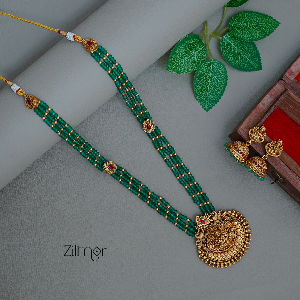 NV1011222- Lakshmi Pendant  Green Bead Necklace Earrings Set