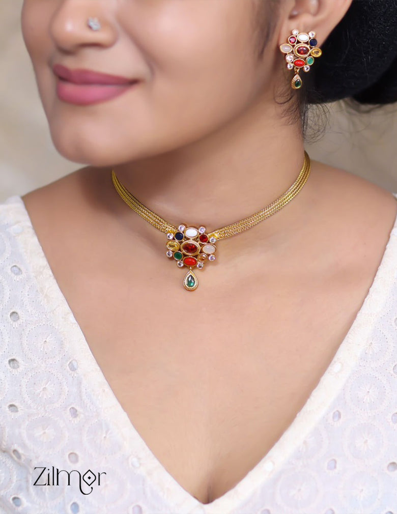 SN101628 - Traditional Navarathna Stones Necklace Earring Set 2-Zilmor
