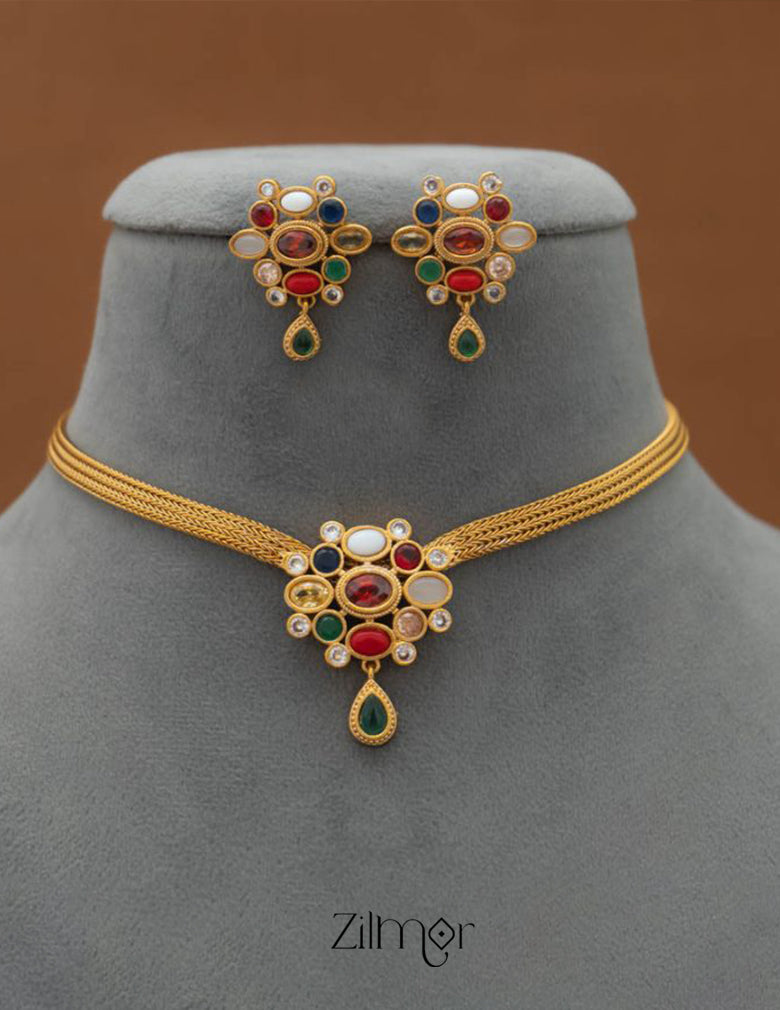 SN101628 - Traditional Navarathna Stones Necklace Earring Set 3-Zilmor