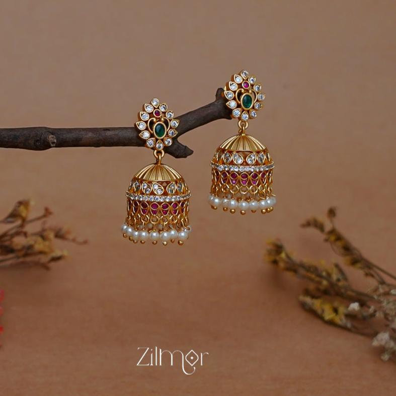 SN1011232 -Ad Stone Pearl Hanging Jumkha Earrings