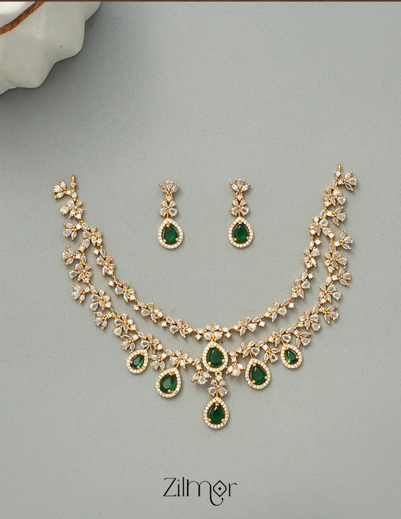 SN101725 - AD Stone 2 Layer Necklace Set Earring