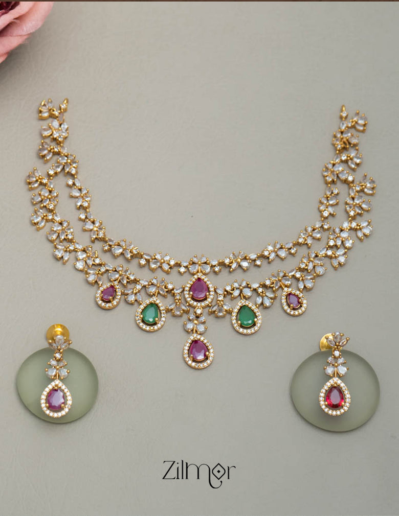 SN101725 - AD Stone 2 Layer Necklace Set Earring 6-Zilmor