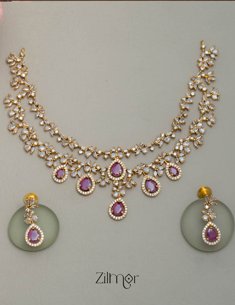 SN101725 - AD Stone 2 Layer Necklace Set Earring