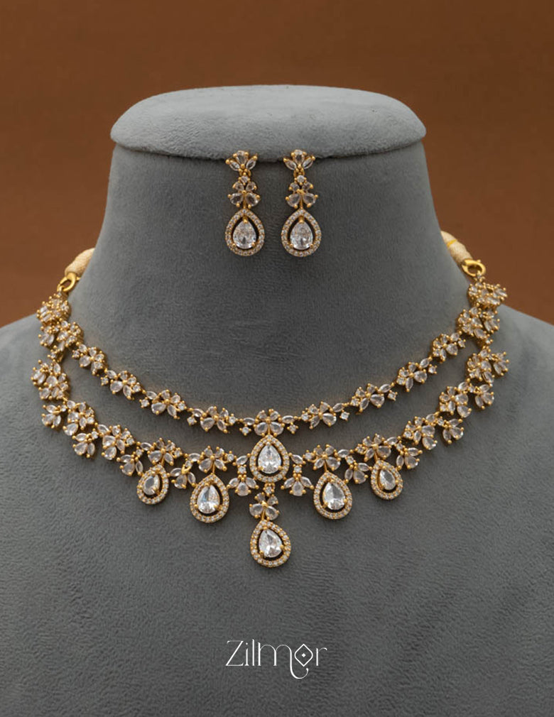SN101725 - AD Stone 2 Layer Necklace Set Earring