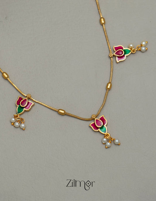 SN101940- Kemp Jadau Lotus Pendant Antique Necklace