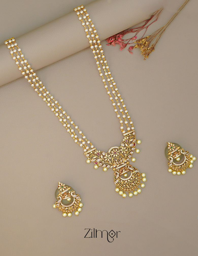 SN1011465 - AD Stone Pearl Long Haram Necklace Earrings Set