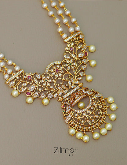 SN1011465 - AD Stone Pearl Long Haram Necklace Earrings Set