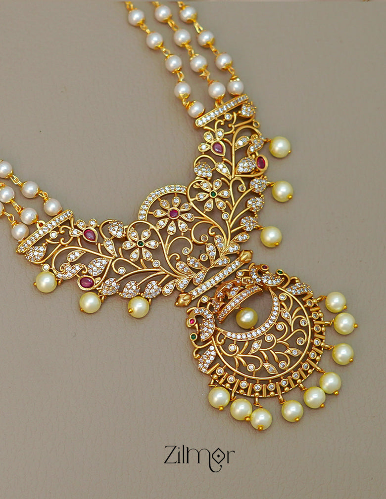 SN1011465 - AD Stone Pearl Long Haram Necklace Earrings Set