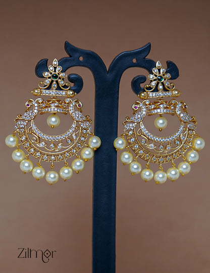SN1011465 - AD Stone Pearl Long Haram Necklace Earrings Set