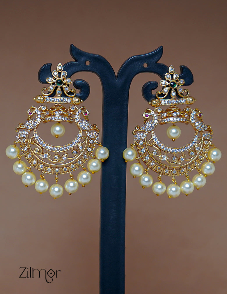 SN1011465 - AD Stone Pearl Long Haram Necklace Earrings Set