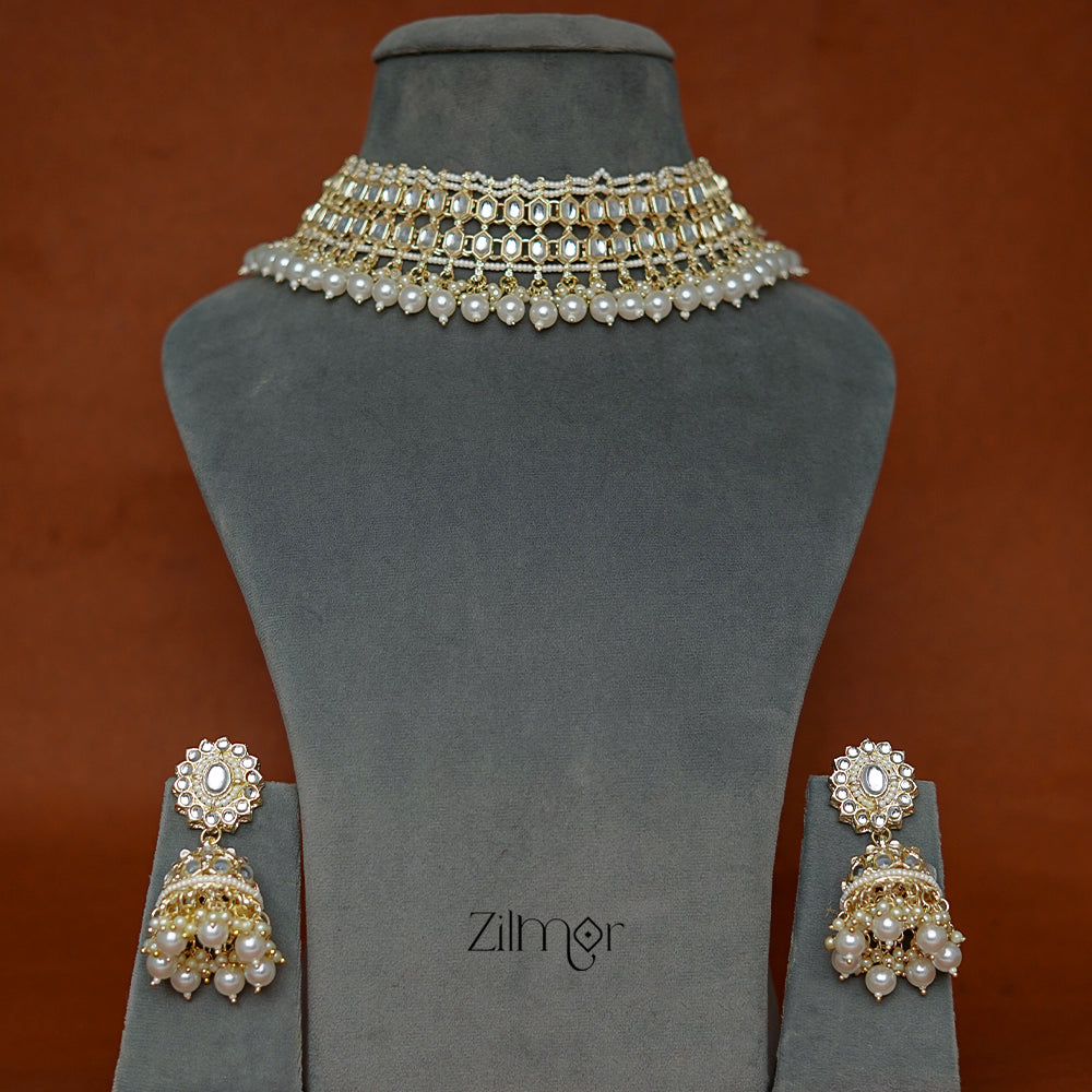 FS1011255 - Kundan Pearl Hanging Choker Necklace Earrings Set with Maang Tikka