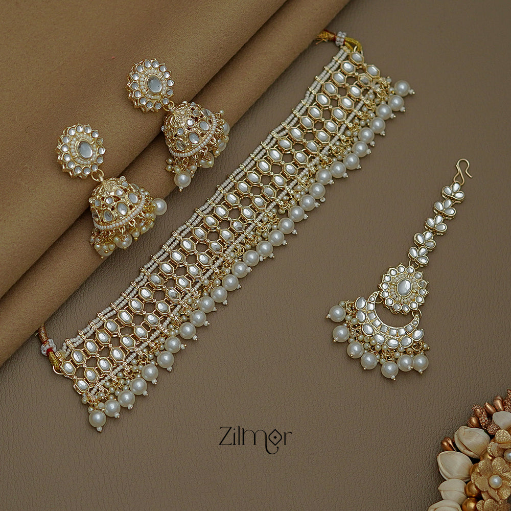 FS1011255 - Kundan Pearl Hanging Choker Necklace Earrings Set with Maang Tikka