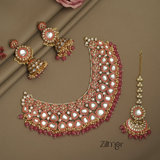 FS1011258 - Bridal Polki Kundan Necklace Earrings with Maangtikka