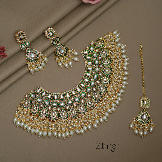 FS1011259 - Pearl Hanging Bridal Polki Kundan Necklace Earrings with Maangtikka