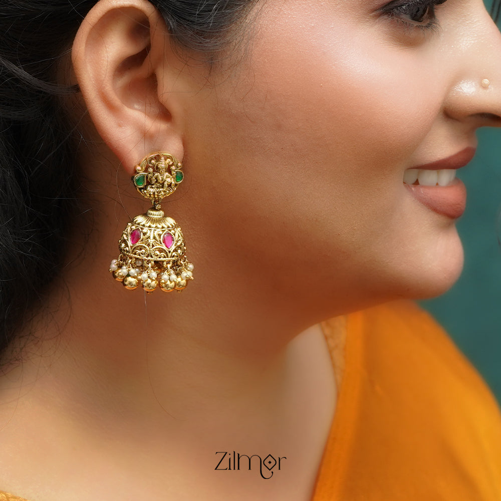 ZL1011430 - Premium Antique Lakshmi Bridal Jumkha Earrings