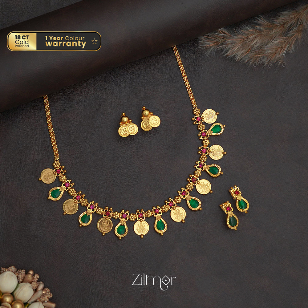 PP1011352 - Gold tone Lakhmi coin & Palakka Necklace with 2 Earrings set