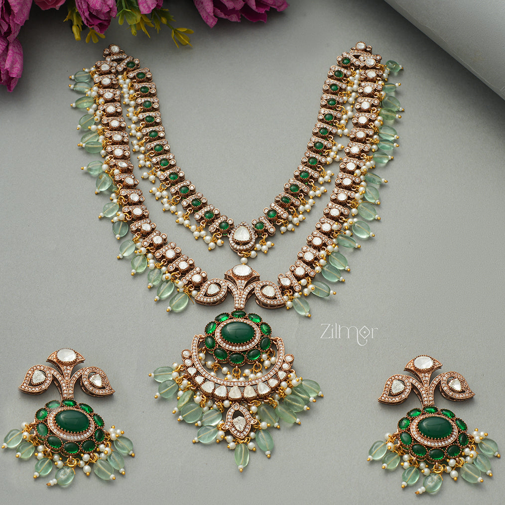 KH1011325 - Moissanite Stone and Green layered haar Polki Uncut Necklace Earrings Bridal Set