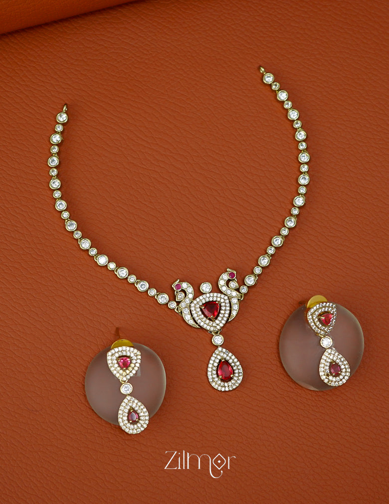 KA1011708- Antique Moissanite Stone Pendant Choker Earrings Set | AD Stone Necklace 3-Zilmor