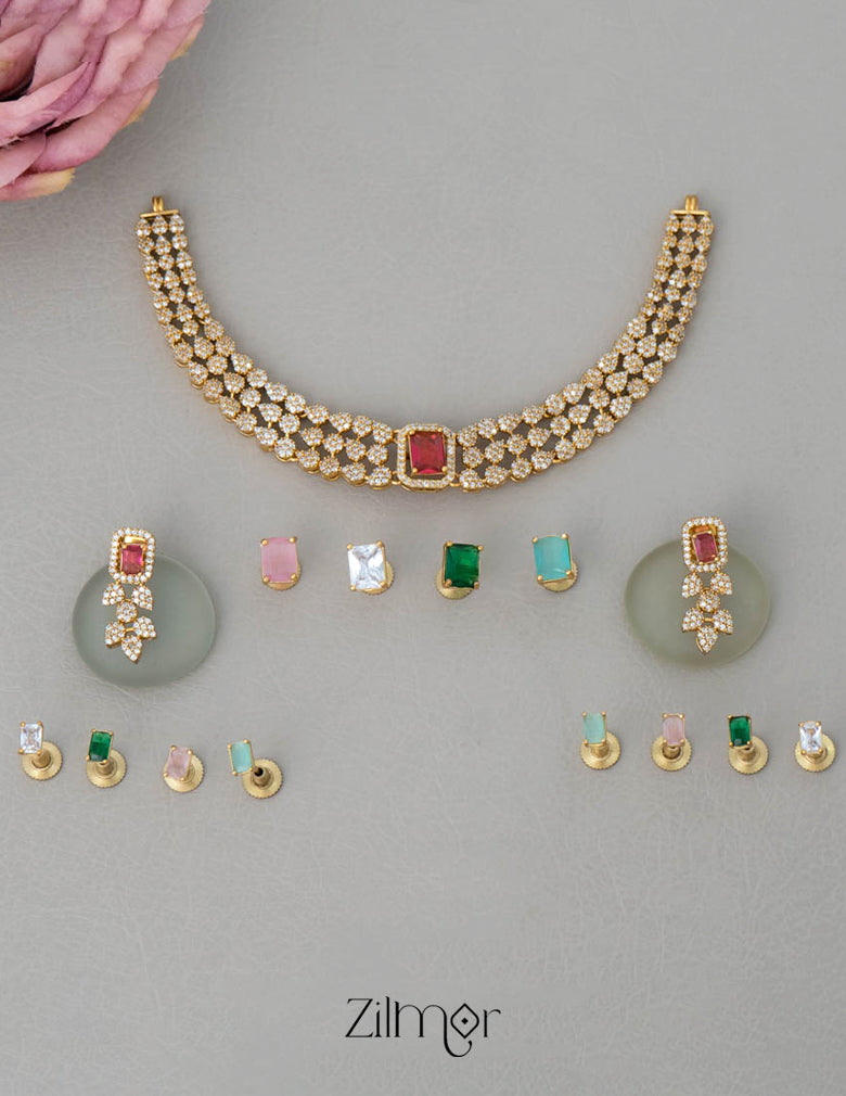 BH101072 - Premium Antique Necklace with 5 Interchangable stones Earring Set 2-Zilmor