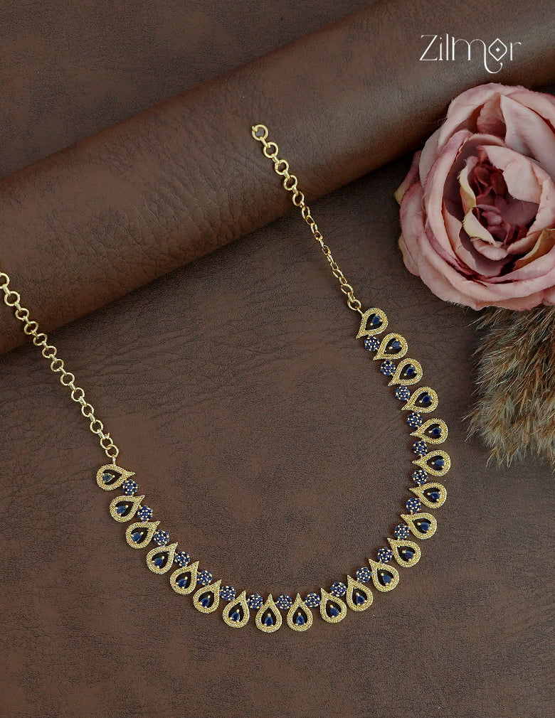 AD Stone Choker Necklace with Blue Sapphire Teardrop Motifs - CL1012413