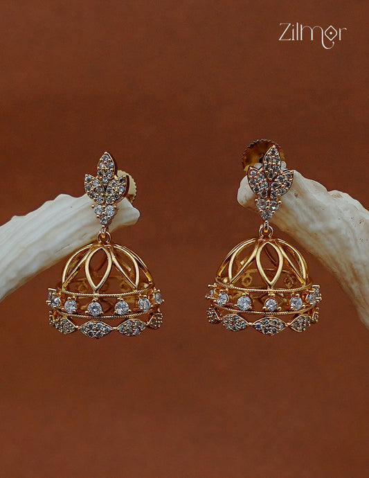 Zilmor AD stone jhumka earrings with floral stud details, a gold-tone open dome and sparkling stones